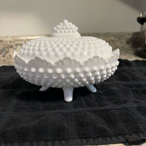 White Hobnail Covered Dish -Milk Glass
